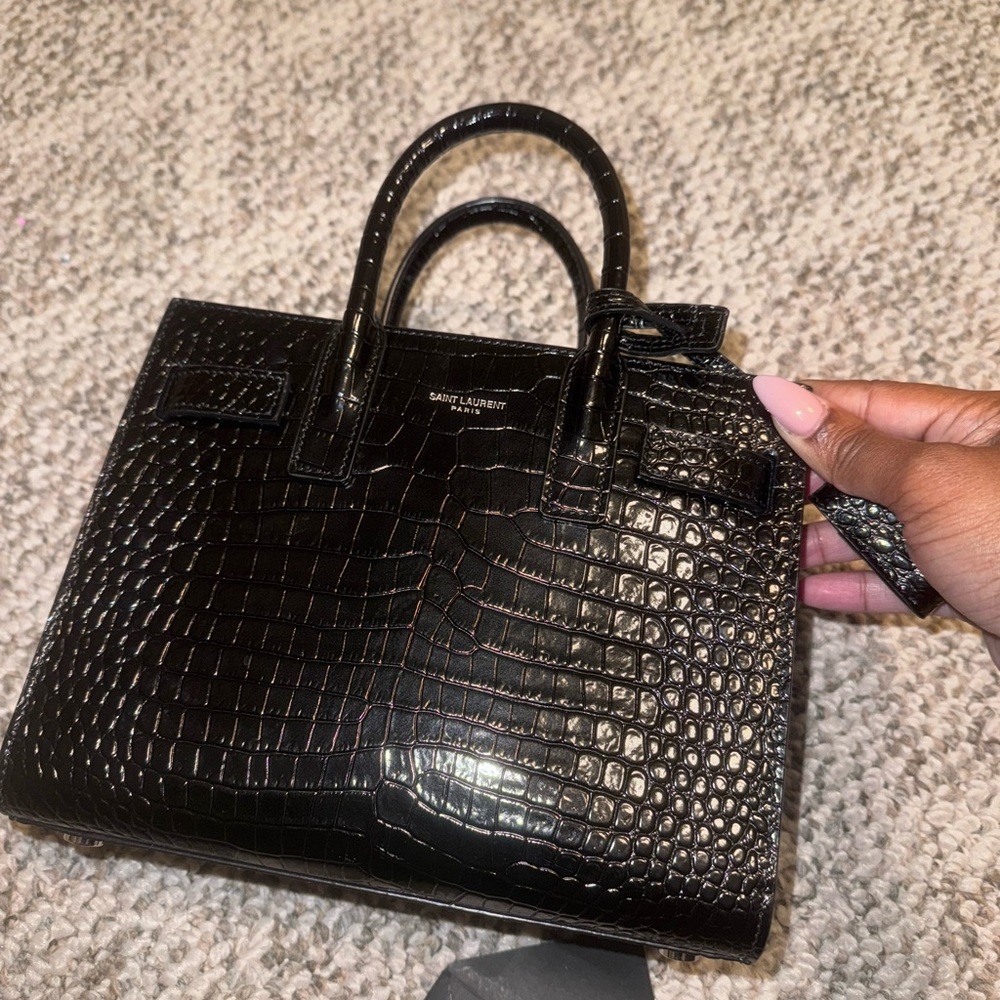 Saint Laurent Black Croc-Embossed Satchel